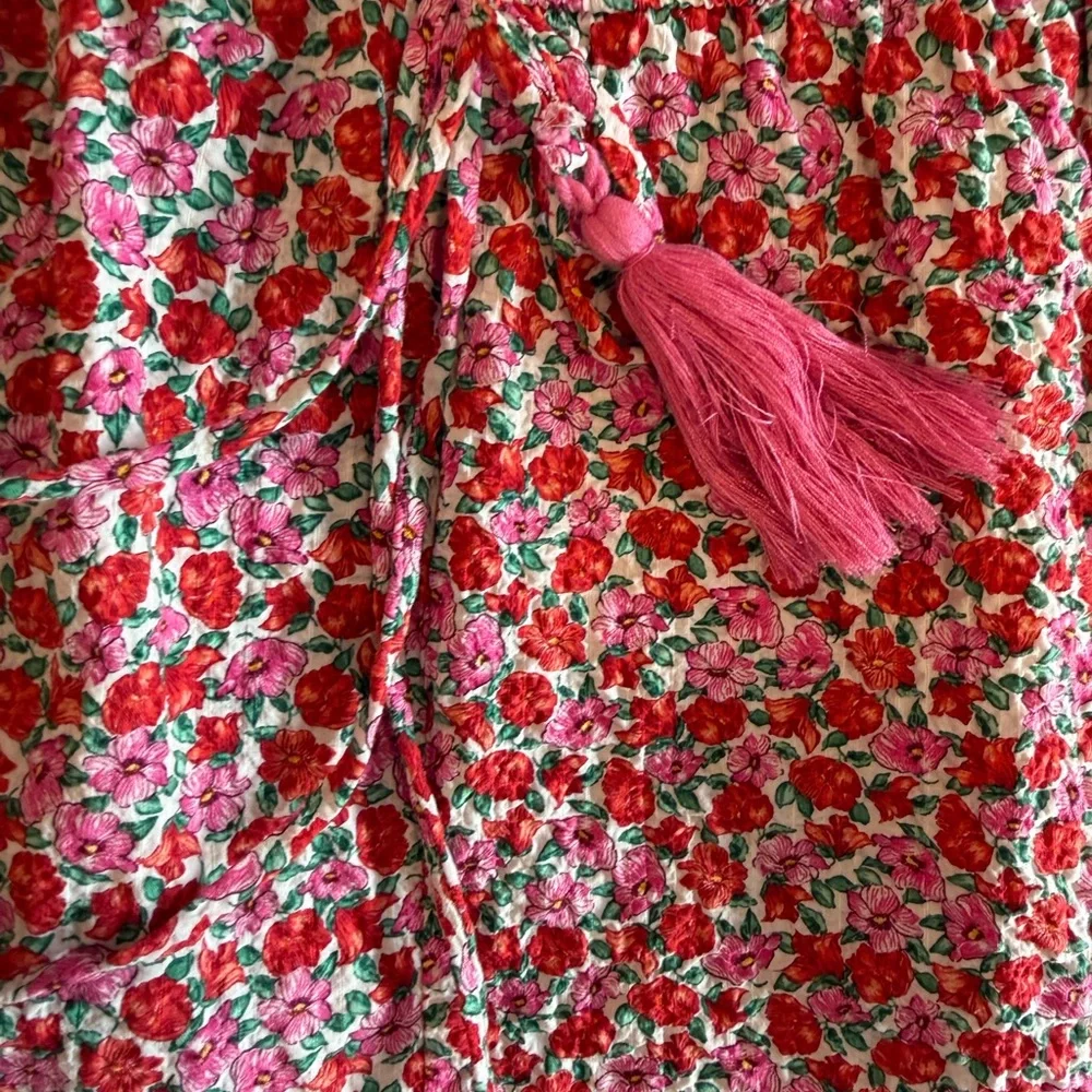 Mango Floral Romper Small Boho Drawstring Waist Red Pink Summer Vacation - Picture 3 of 3